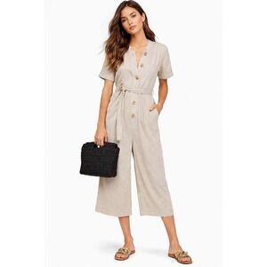 FREE PEOPLE FB BEACH Cream Linen Blend Romper Jumpsuit Crop XS Button Front